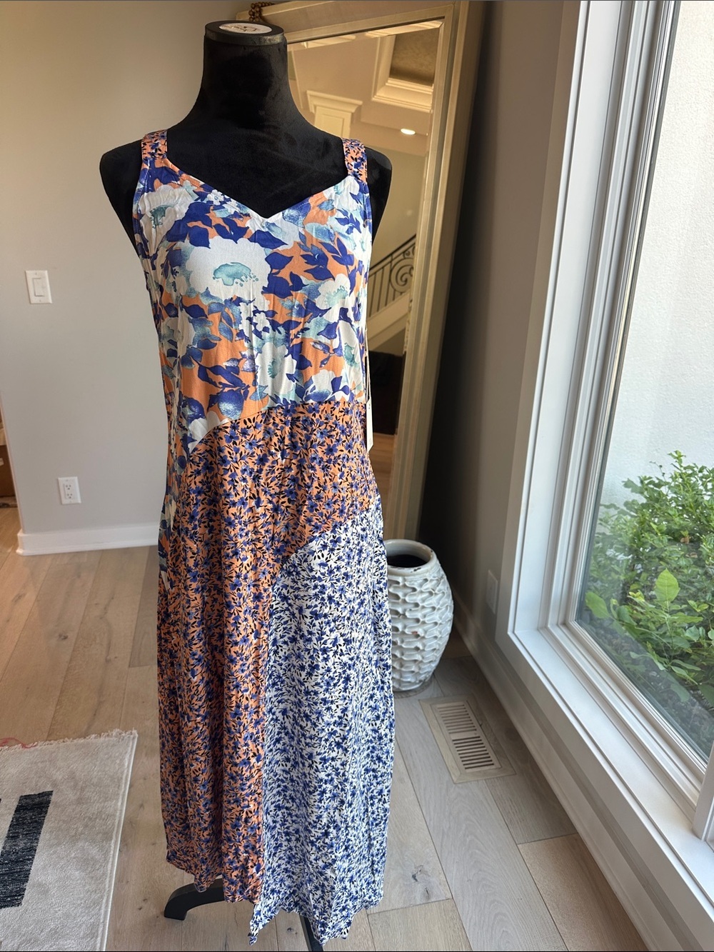 Patchwork Floral Maxi Dress in Blue & Orange
